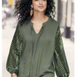 Soft Surroundings | Dark Green Balloon Sleeve Blouse with Velvet Stripe Sleeves